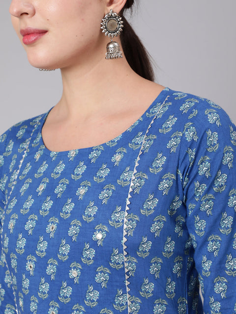 Women Blue Ethnic Motif Printed Straight Kurta With Three Quaretr Sleeves