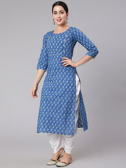 Women Blue Ethnic Motif Printed Straight Kurta With Three Quaretr Sleeves