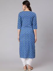 Women Blue Ethnic Motif Printed Straight Kurta With Three Quaretr Sleeves