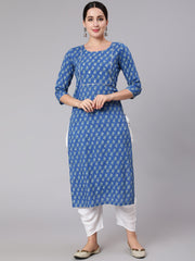 Women Blue Ethnic Motif Printed Straight Kurta With Three Quaretr Sleeves