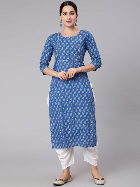 Women Blue Ethnic Motif Printed Straight Kurta With Three Quaretr Sleeves