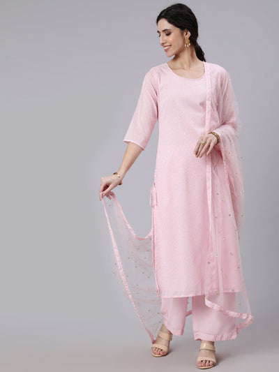 Women Pink Sequence Georgette Kurta With Palazzo And Net Dupatta