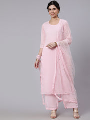 Women Pink Sequence Georgette Kurta With Palazzo And Net Dupatta