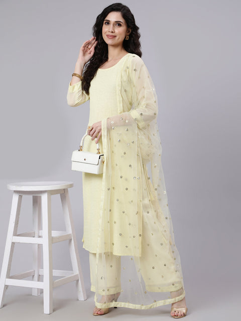 Women Yellow Sequence Georgette Kurta With Palazzo And Net Dupatta