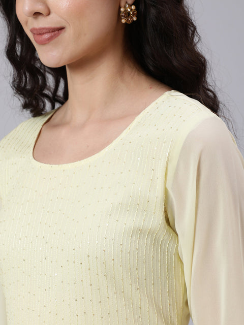 Women Yellow Sequence Georgette Kurta With Palazzo And Net Dupatta
