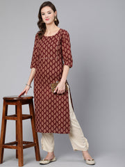Women Maroon Ethnic Printe Straight Kurta With Three Quarter Sleeves