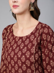 Women Maroon Ethnic Printe Straight Kurta With Three Quarter Sleeves