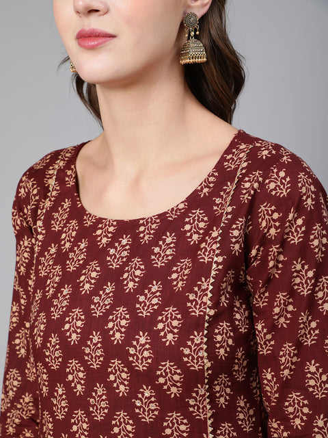 Women Maroon Ethnic Printe Straight Kurta With Three Quarter Sleeves