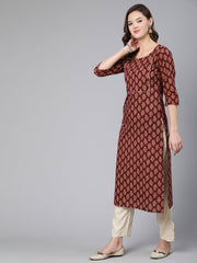 Women Maroon Ethnic Printe Straight Kurta With Three Quarter Sleeves