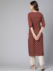 Women Maroon Ethnic Printe Straight Kurta With Three Quarter Sleeves