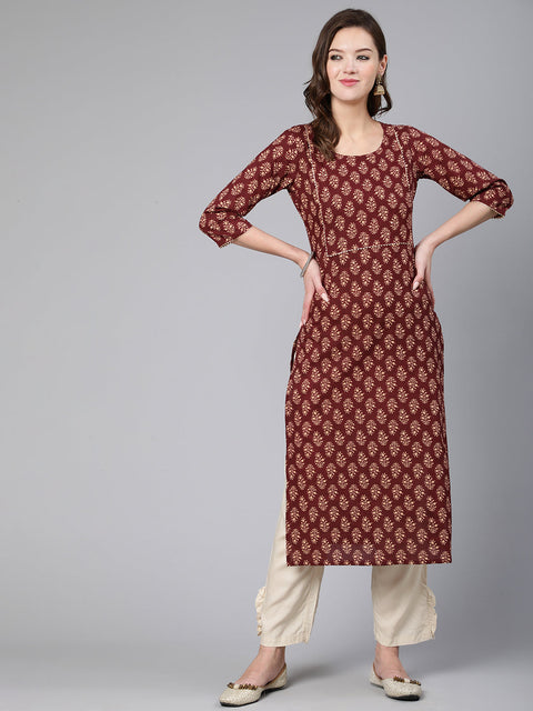 Women Maroon Ethnic Printe Straight Kurta With Three Quarter Sleeves