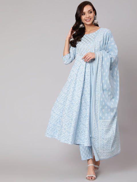 Women Light Blue Floral Printedt Flared Kurta With Trouser And Dupatta