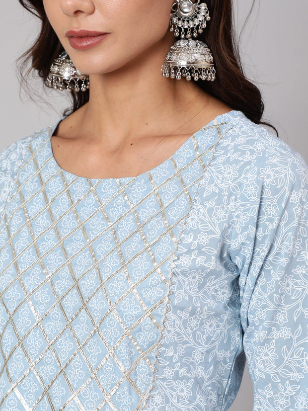 Women Light Blue Floral Printedt Flared Kurta With Trouser And Dupatta