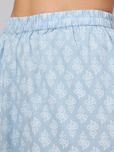 Women Light Blue Floral Printedt Flared Kurta With Trouser And Dupatta