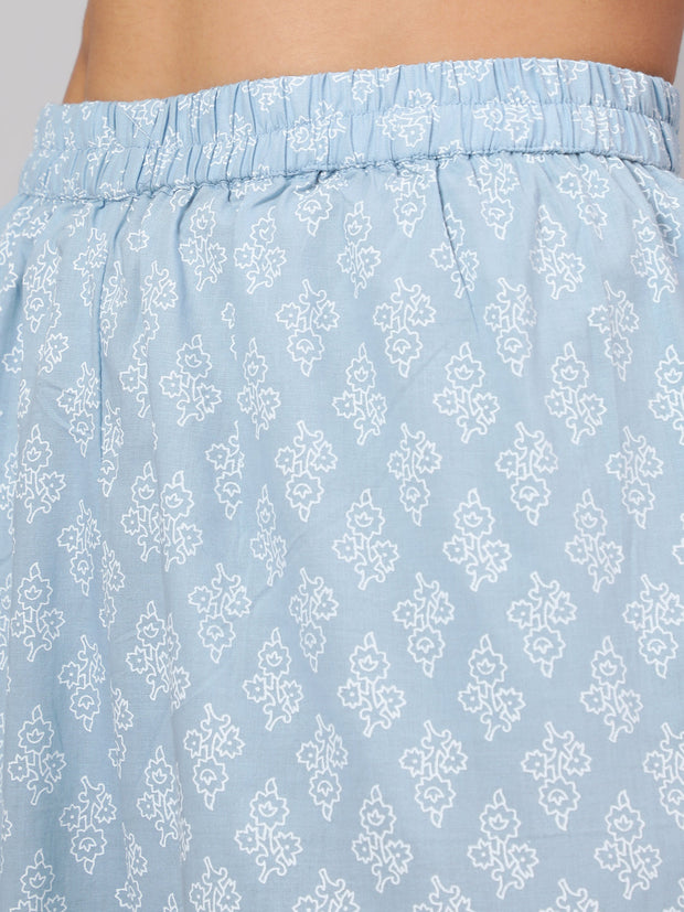 Women Light Blue Floral Printedt Flared Kurta With Trouser And Dupatta