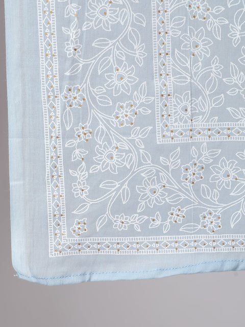 Women Light Blue Floral Printedt Flared Kurta With Trouser And Dupatta