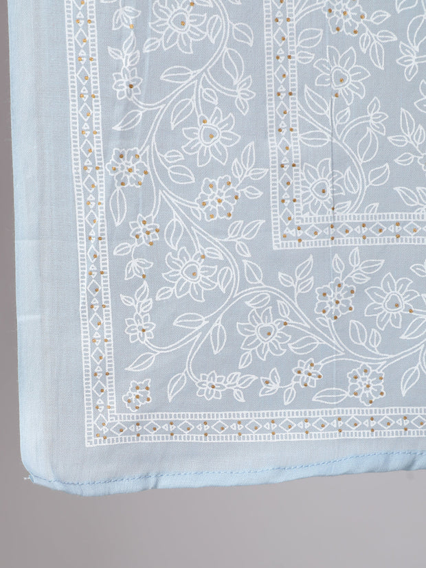 Women Light Blue Floral Printedt Flared Kurta With Trouser And Dupatta