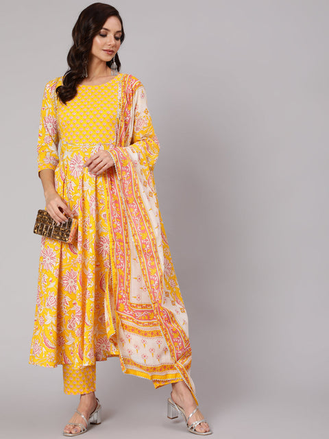 Women Yelllow Ethnic Printed Flared Kurta With Trouser And Dupatta