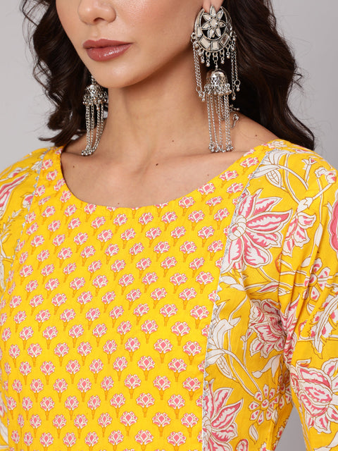 Women Yelllow Ethnic Printed Flared Kurta With Trouser And Dupatta