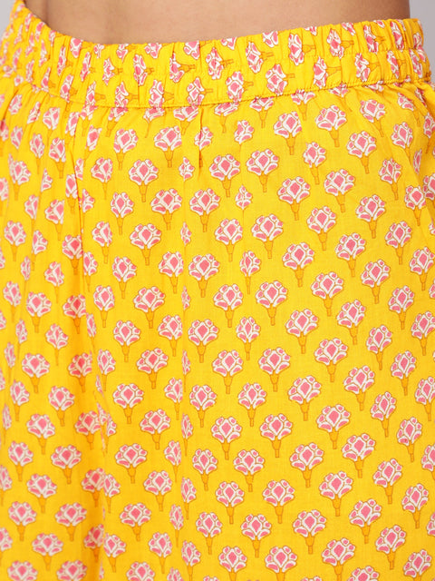 Women Yelllow Ethnic Printed Flared Kurta With Trouser And Dupatta
