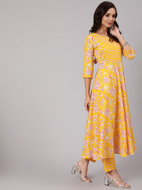Women Yelllow Ethnic Printed Flared Kurta With Trouser And Dupatta