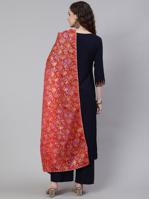 Women Navy Blue Embroidered Straight Kurta With Palazzo And Art Silk Dupatta