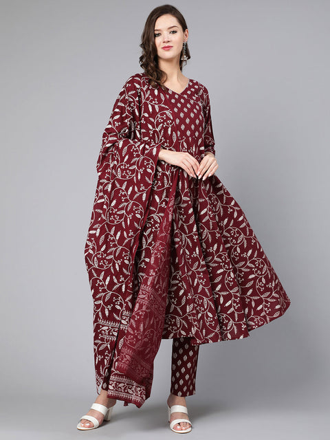 Women Burgundy Printed Flared Kurta With Trouser And Dupatta