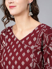 Women Burgundy Printed Flared Kurta With Trouser And Dupatta