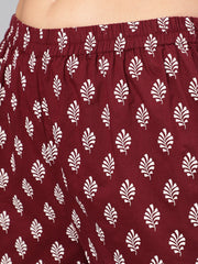 Women Burgundy Printed Flared Kurta With Trouser And Dupatta