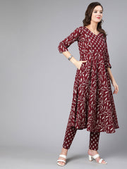 Women Burgundy Printed Flared Kurta With Trouser And Dupatta