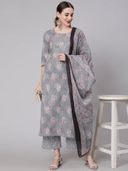 Women Grey Silver Striped Printed Kurta With Palazzo And Dupatta