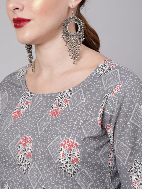 Women Grey Silver Striped Printed Kurta With Palazzo And Dupatta