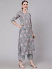 Women Grey Silver Striped Printed Kurta With Palazzo And Dupatta