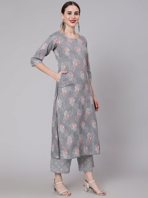 Women Grey Silver Striped Printed Kurta With Palazzo And Dupatta