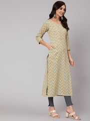 Women Yellow Thread Work Printed Straight Kurta With Three Quarter Sleeves