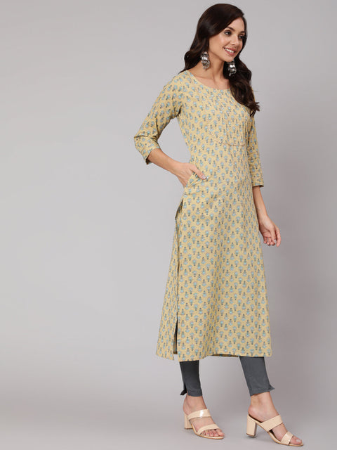 Women Yellow Thread Work Printed Straight Kurta With Three Quarter Sleeves