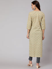 Women Yellow Thread Work Printed Straight Kurta With Three Quarter Sleeves