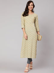 Women Yellow Thread Work Printed Straight Kurta With Three Quarter Sleeves
