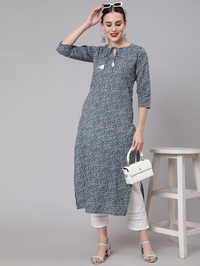 Women Blue Paisley Printed Straight Kurta With Three Quarter Sleeves