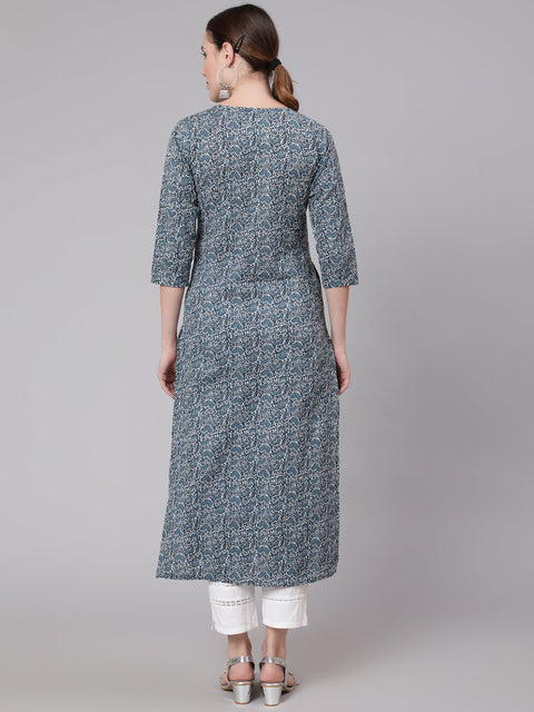 Women Blue Paisley Printed Straight Kurta With Three Quarter Sleeves
