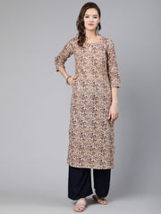 Women Cream Abstract Printed Straight Kurta With Key Hole Neck