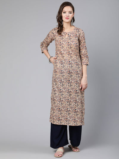 Women Cream Abstract Printed Straight Kurta With Key Hole Neck