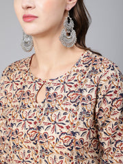 Women Cream Abstract Printed Straight Kurta With Key Hole Neck