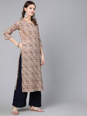 Women Cream Abstract Printed Straight Kurta With Key Hole Neck