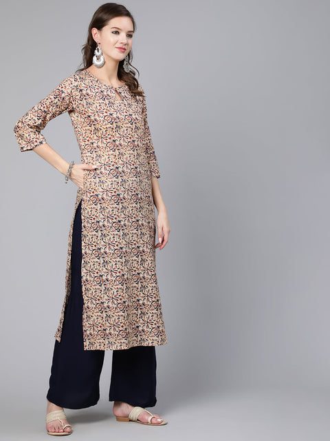 Women Cream Abstract Printed Straight Kurta With Key Hole Neck