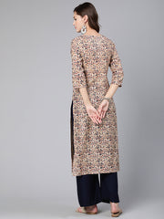 Women Cream Abstract Printed Straight Kurta With Key Hole Neck