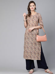 Women Cream Abstract Printed Straight Kurta With Key Hole Neck