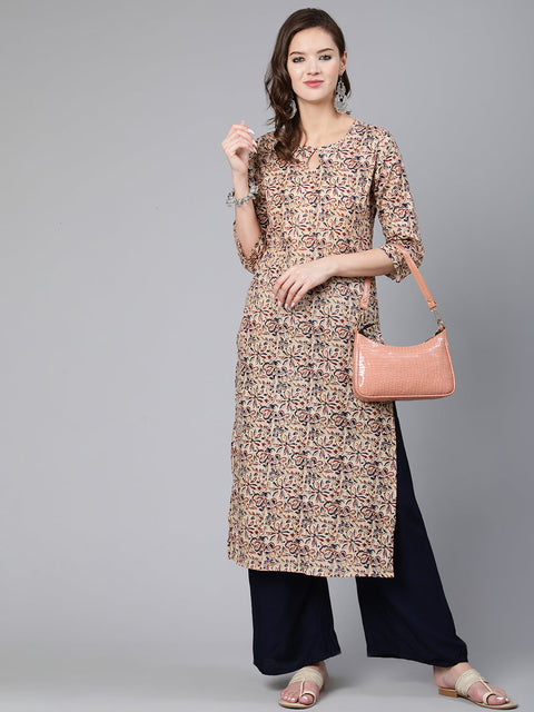 Women Cream Abstract Printed Straight Kurta With Key Hole Neck