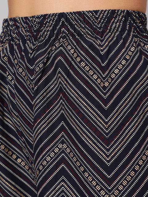 Women Navy Blue Ethnic Printed Straight Kurta With Palazzo And Dupatta