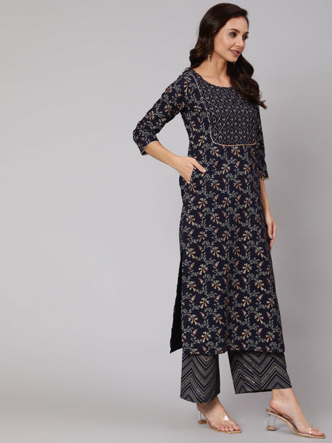Women Navy Blue Ethnic Printed Straight Kurta With Palazzo And Dupatta